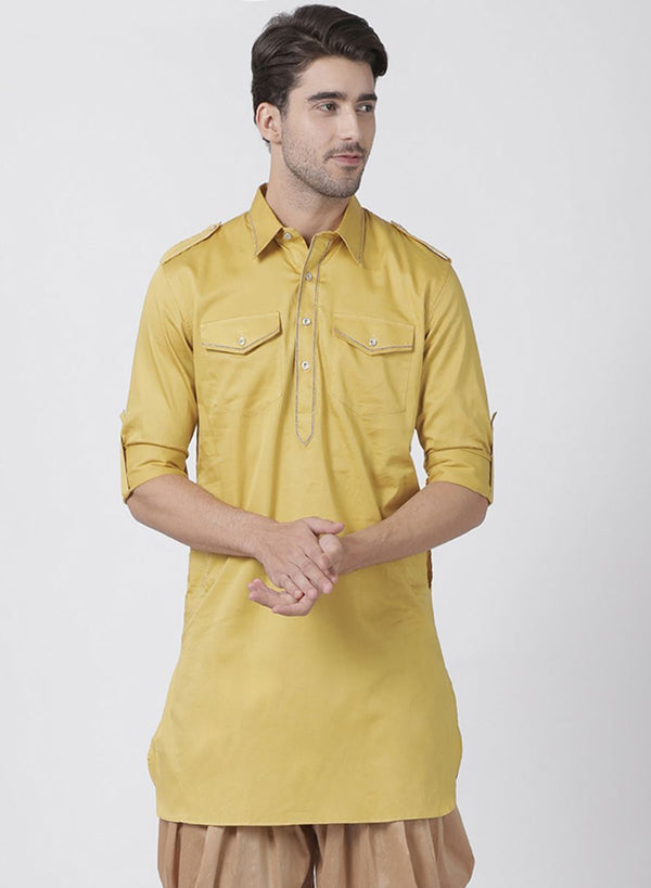 Men's Yellow Cotton Blend Kurta - Vastramay