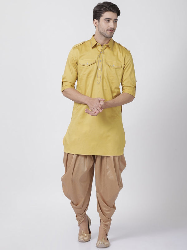 Men's Yellow Cotton Blend Pathani Suit Set - Vastramay