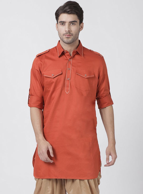 Men's Orange Cotton Blend Kurta - Vastramay