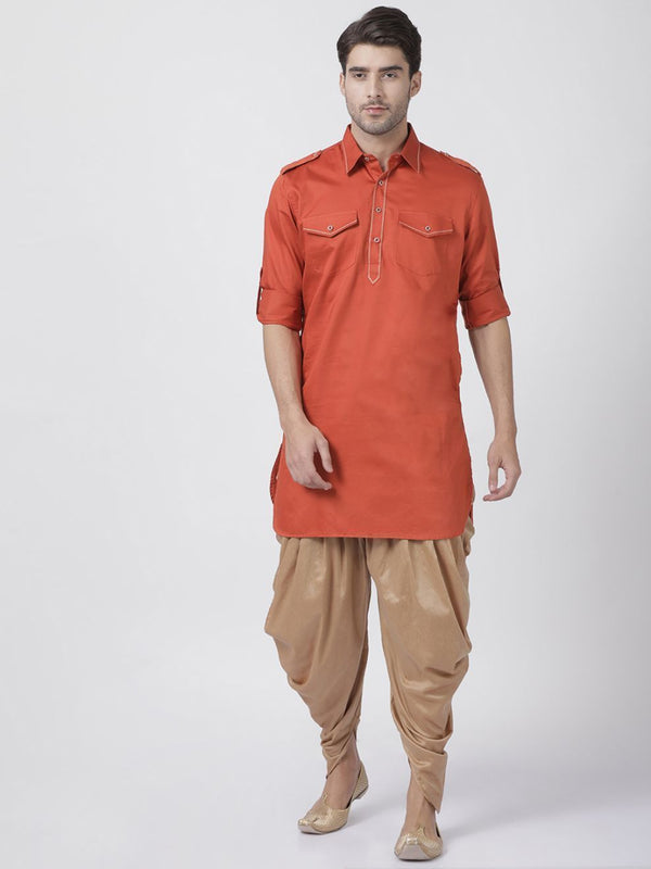 Men's Orange Cotton Blend Pathani Suit Set - Vastramay