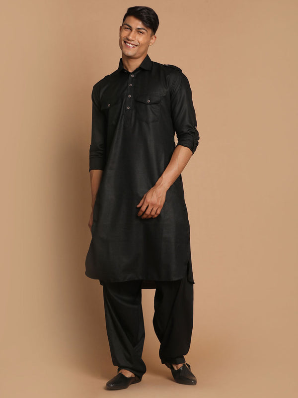 Jashvi Men's Black Cotton Blend Pathani Suit Set