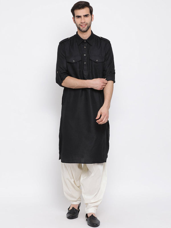 Men's Black Cotton Blend Pathani Suit Set - Vastramay