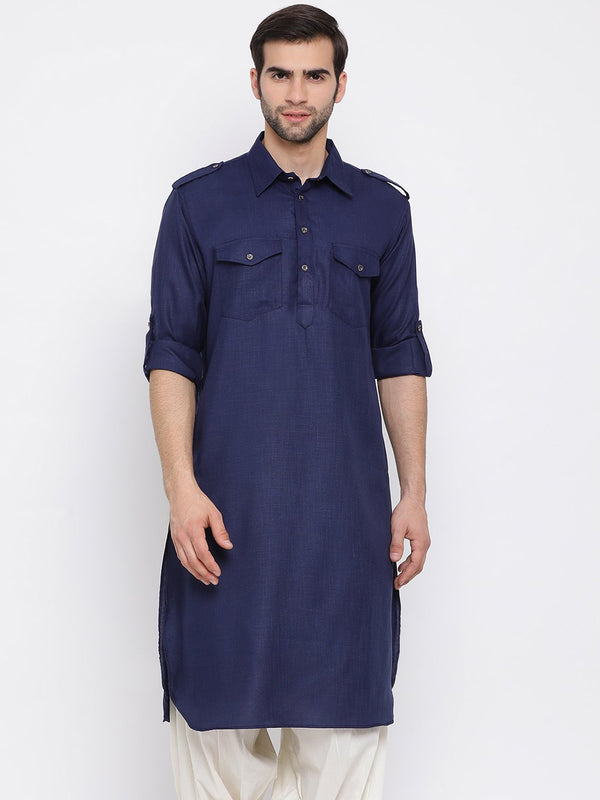 Men's Blue Cotton Blend Pathani Style Kurta - Vastramay