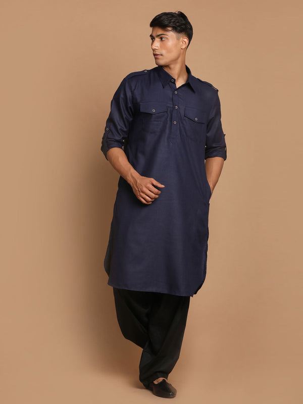 Jashvi Men's Blue Cotton Blend Pathani Suit Set