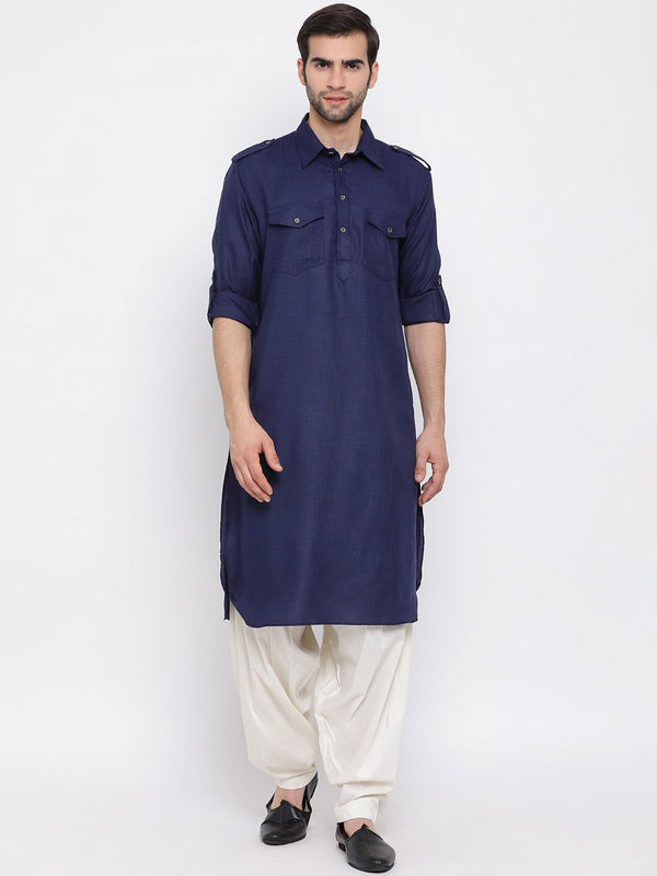 Men's Blue Cotton Blend Pathani Suit Set - Vastramay