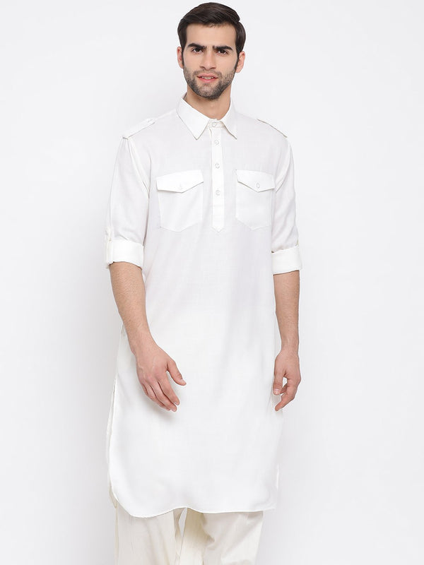 Jashvi Men's Cream Cotton Blend Pathani Style Kurta