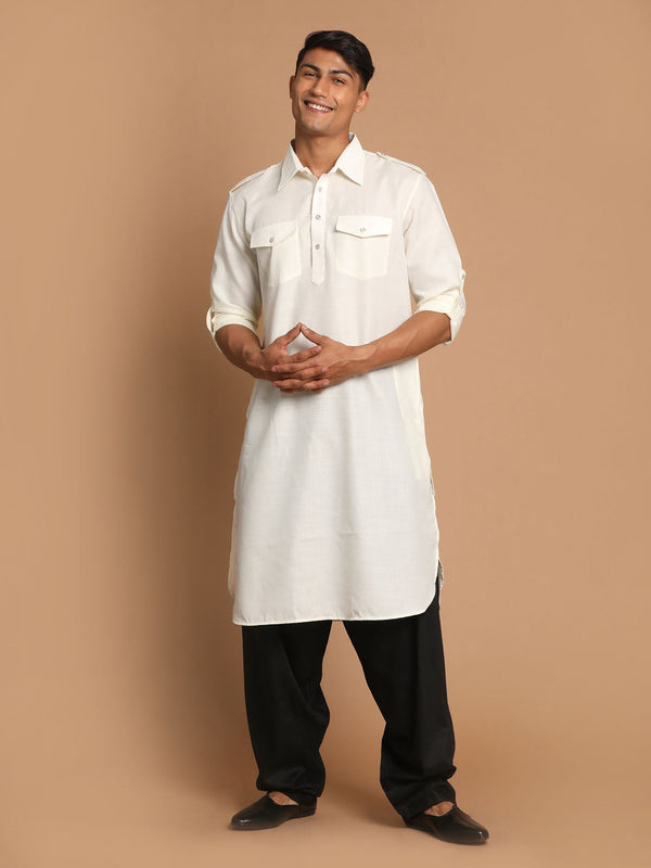 Jashvi Men's Cream Cotton Blend Pathani Suit Set