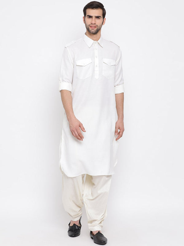 Men's Cream Cotton Blend Pathani Suit Set - Vastramay