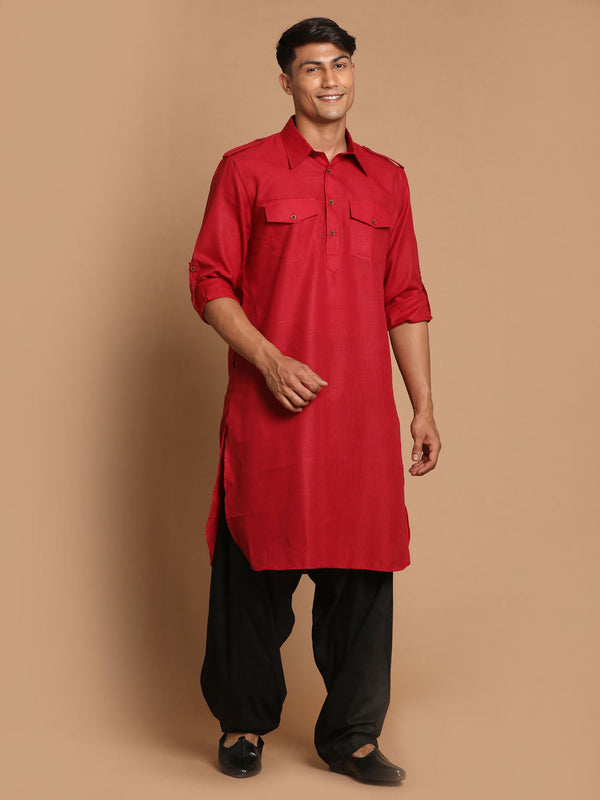 Jashvi Men's Maroon  And Black Cotton Blend Pathani Suit Set