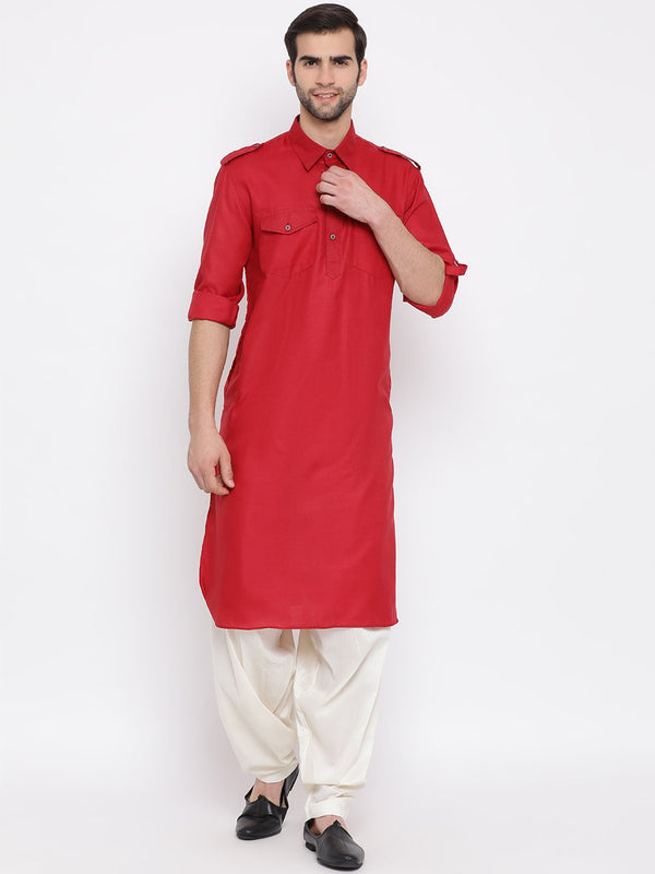 Men's Maroon Cotton Blend Pathani Suit Set - Vastramay