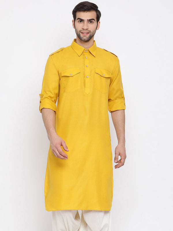 Men's Mustard Cotton Blend Pathani Style Kurta - Vastramay