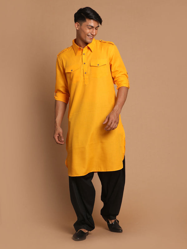 Jashvi Men's Mustard Cotton Blend Pathani Suit Set