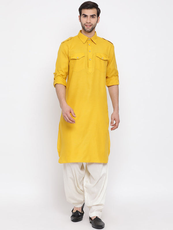 Men's Mustard Cotton Blend Pathani Suit Set - Vastramay