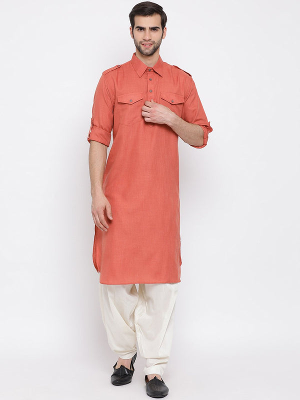 Men's Pink Cotton Blend Pathani Suit Set - Vastramay