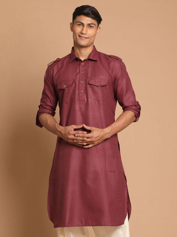 Jashvi Men's Purple Cotton Blend Pathani Style Kurta