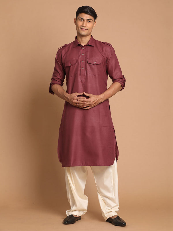 Jashvi Men's Purple & Off White Pathani Kurta with Salwar Set