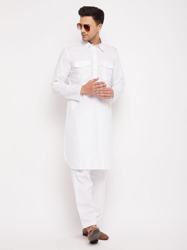 Jashvi Men's White Cotton Blend Pathani Suit Set