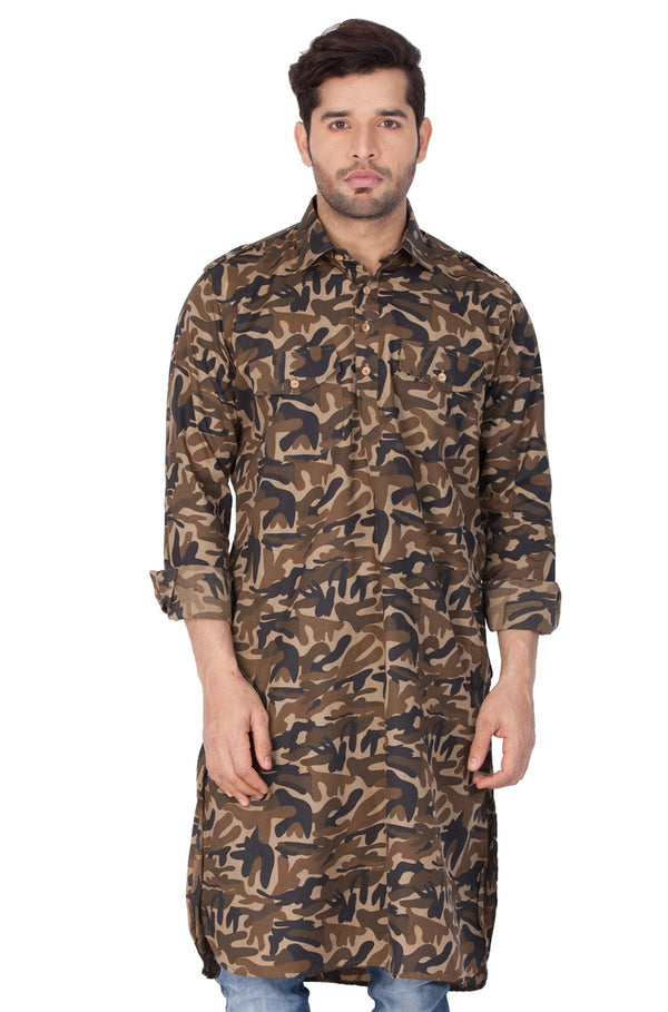 Jashvi Men's Green camouflage Cotton Pathani Kurta