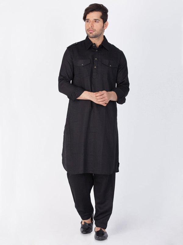 Men's Black Cotton Pathani Suit Set - Vastramay