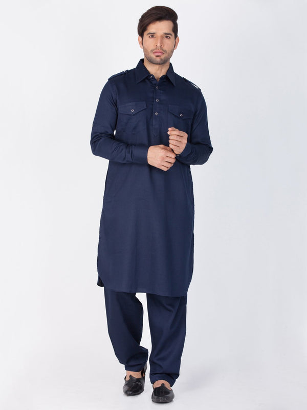 Men's Blue Cotton Pathani Suit Set - Vastramay