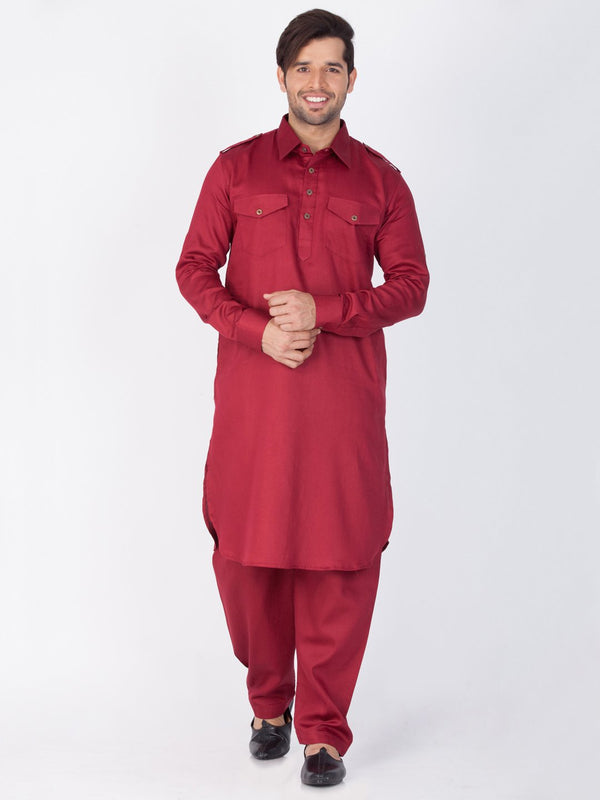 Men's Maroon Cotton Pathani Suit Set - Vastramay