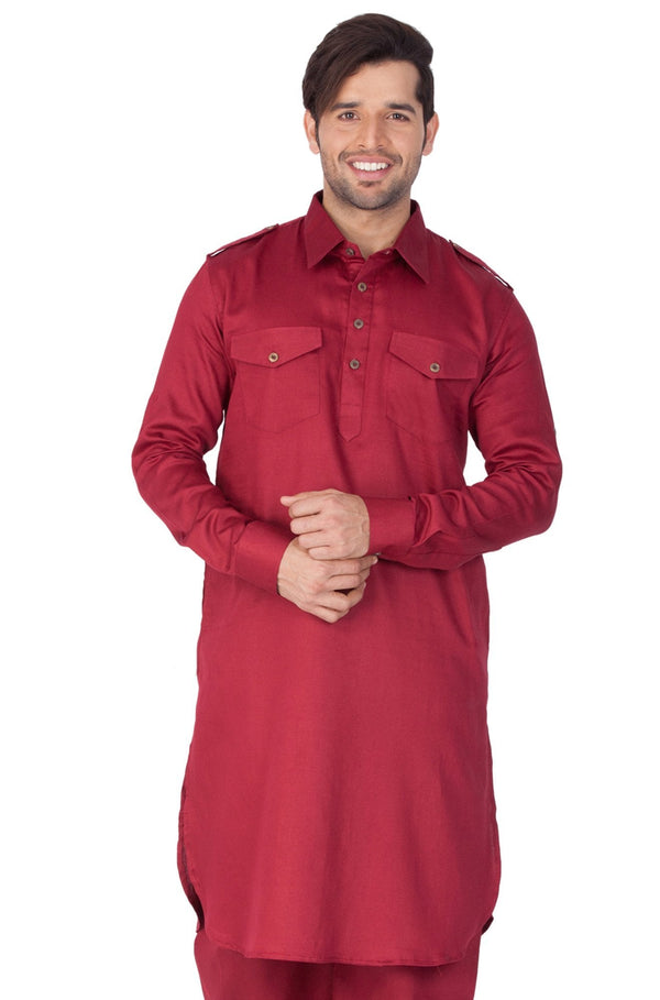 Men's Maroon Cotton Pathani Kurta Only