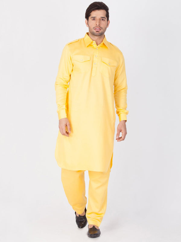 Men's Yellow Cotton Pathani Suit Set - Vastramay