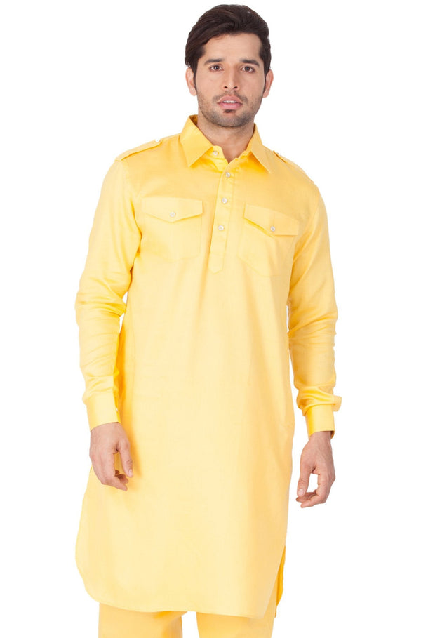 Jashvi Men's Yellow Cotton Pathani Kurta