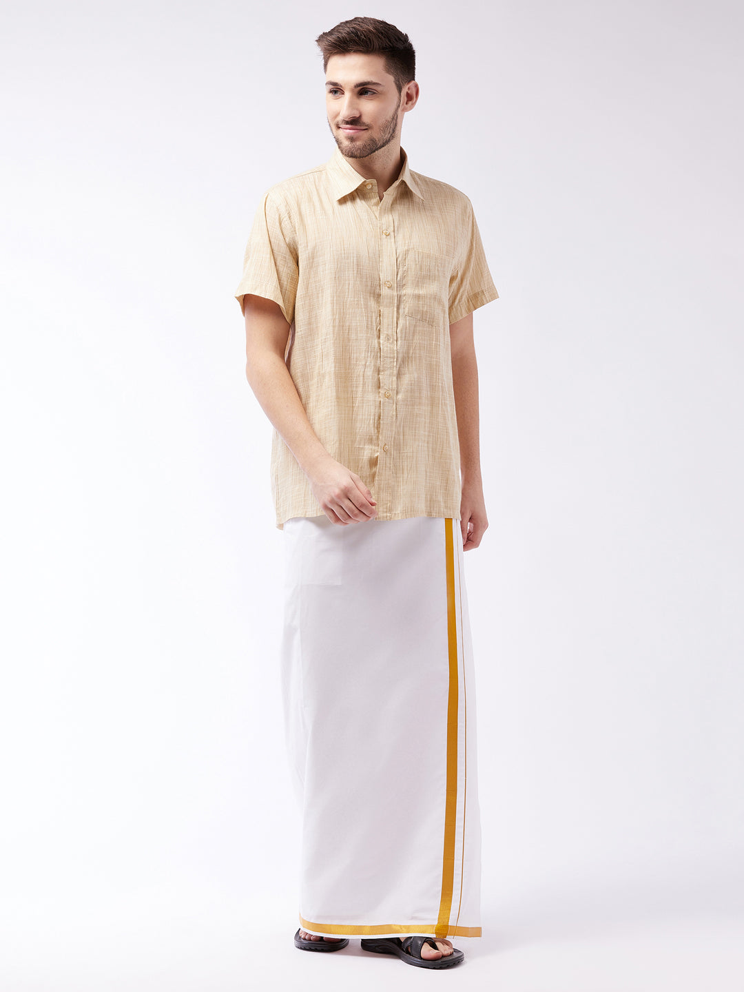 Men's Beige And White Cotton Blend Shirt And Mundu - Vastramay