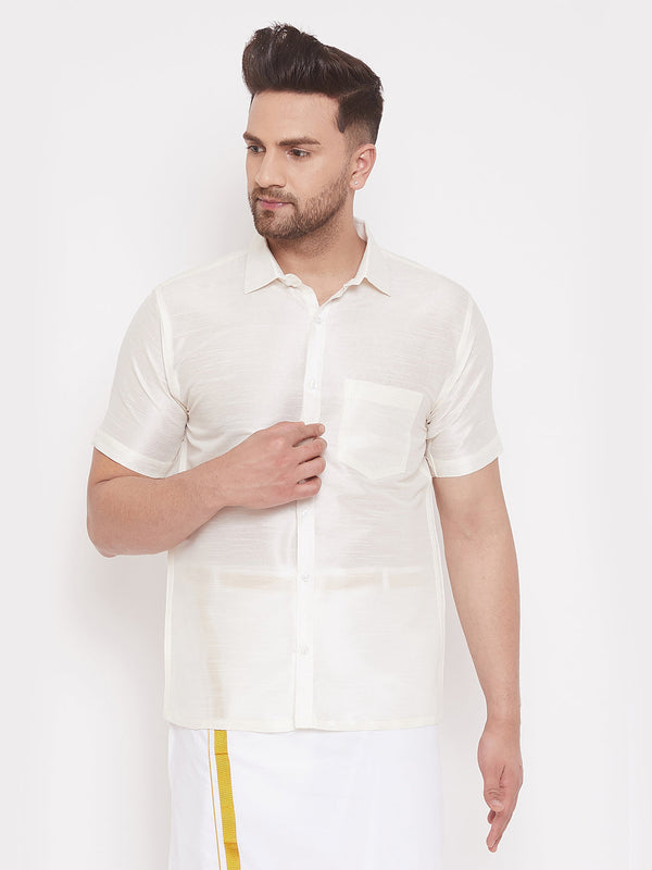 Jashvi Men's Cream Silk Blend Ethnic Shirt