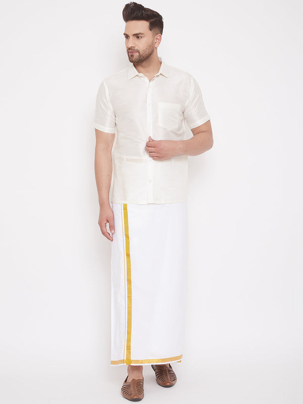 Jashvi Men's Cream and White Silk Blend Shirt And Mundu Set