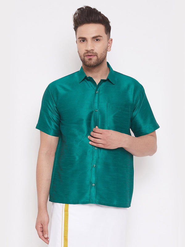 Men's Green Cotton Silk Blend Ethnic Shirt - Vastramay