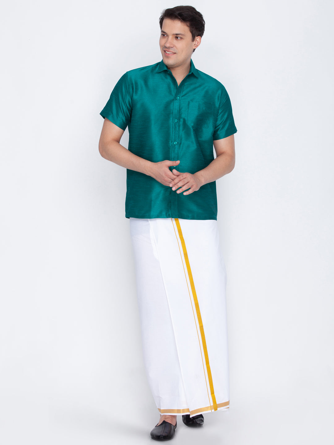 Men's Green And White Silk Blend Shirt And Mundu - Vastramay