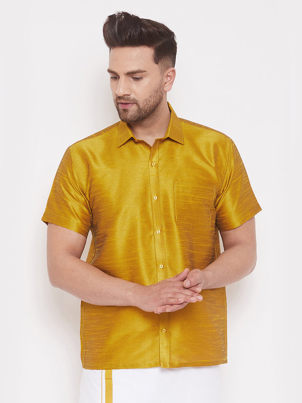 Jashvi Men's Mustard Silk Blend Ethnic Shirt