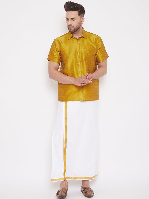 Jashvi Men's Mustard and White Silk Blend Shirt And Mundu Set