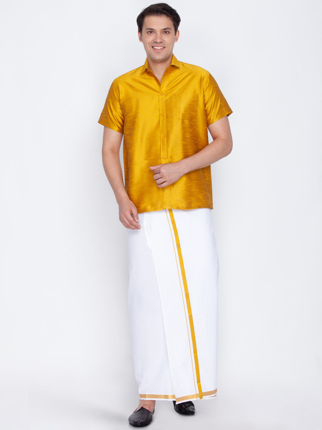 Men's Mustard Yellow And White Silk Blend Shirt And Mundu - Vastramay