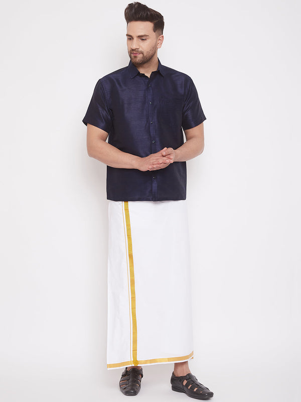 Jashvi Men's Navy Blue and White Silk Blend Shirt And Mundu Set