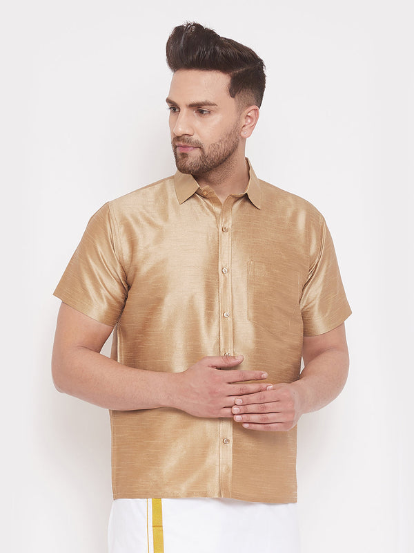 Jashvi Men's Gold Silk Blend Ethnic Shirt