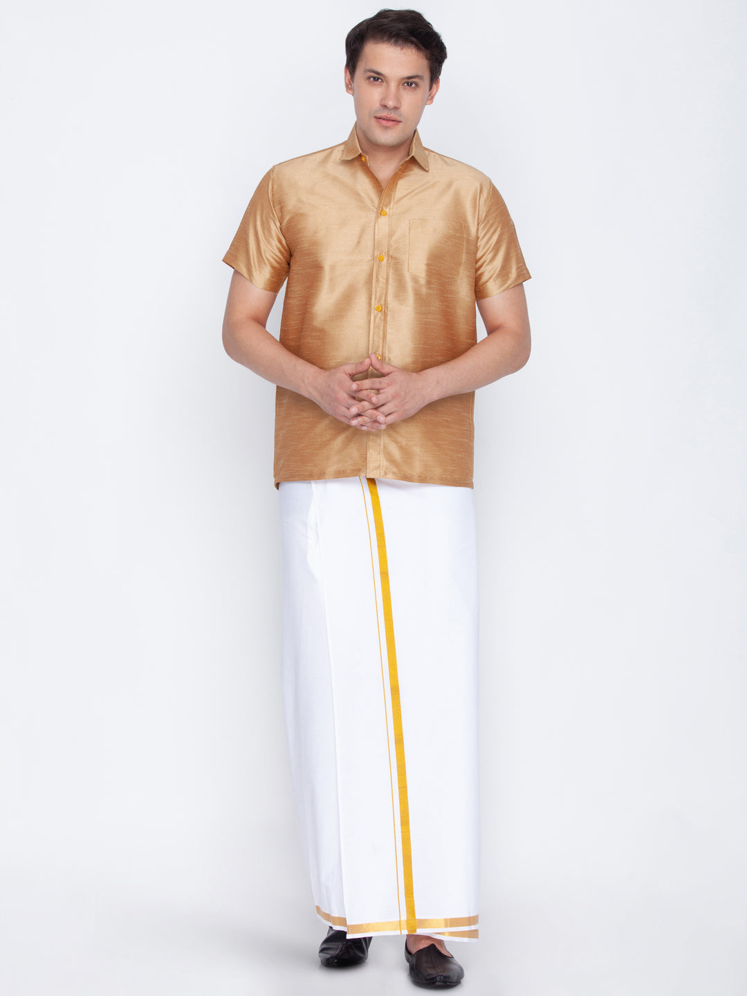 Men's Rose Gold And White Silk Blend Shirt And Mundu - Vastramay