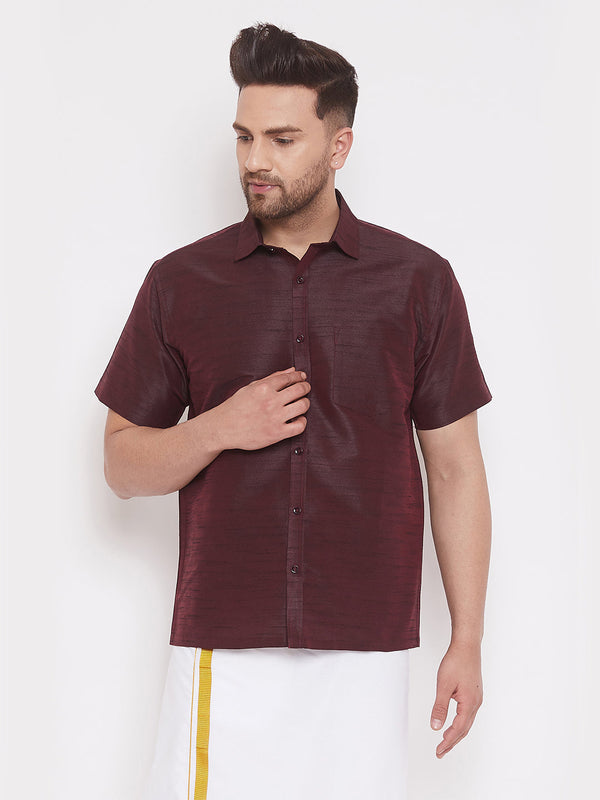 Jashvi Men's Wine Silk Blend Ethnic Shirt