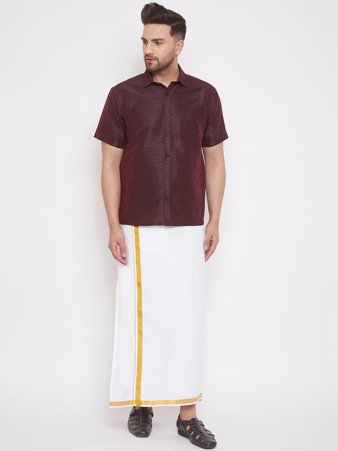 Men's Wine And White Silk Blend Shirt And Mundu - Vastramay