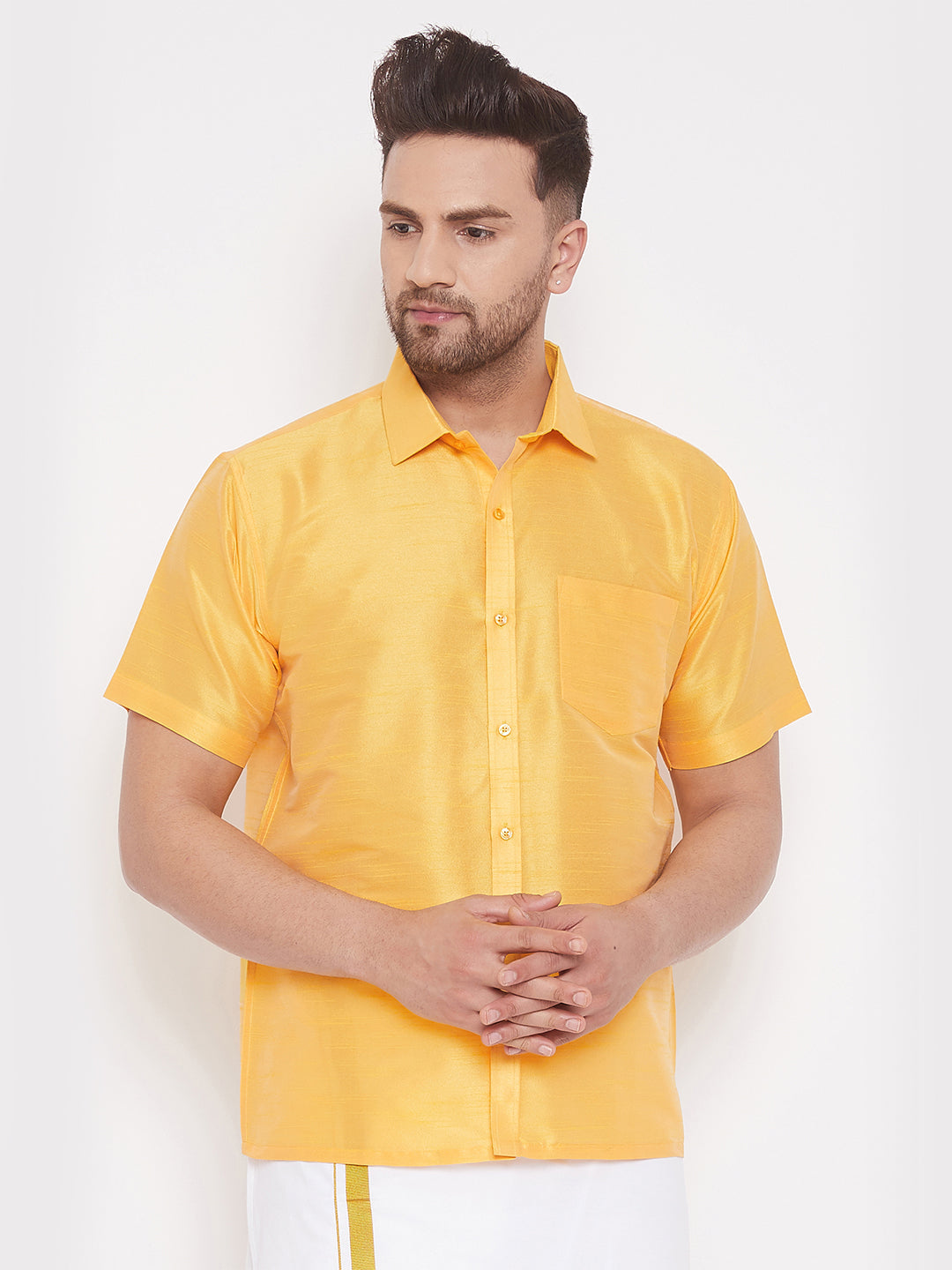 Men's Yellow Silk Blend Ethnic Shirt - Vastramay