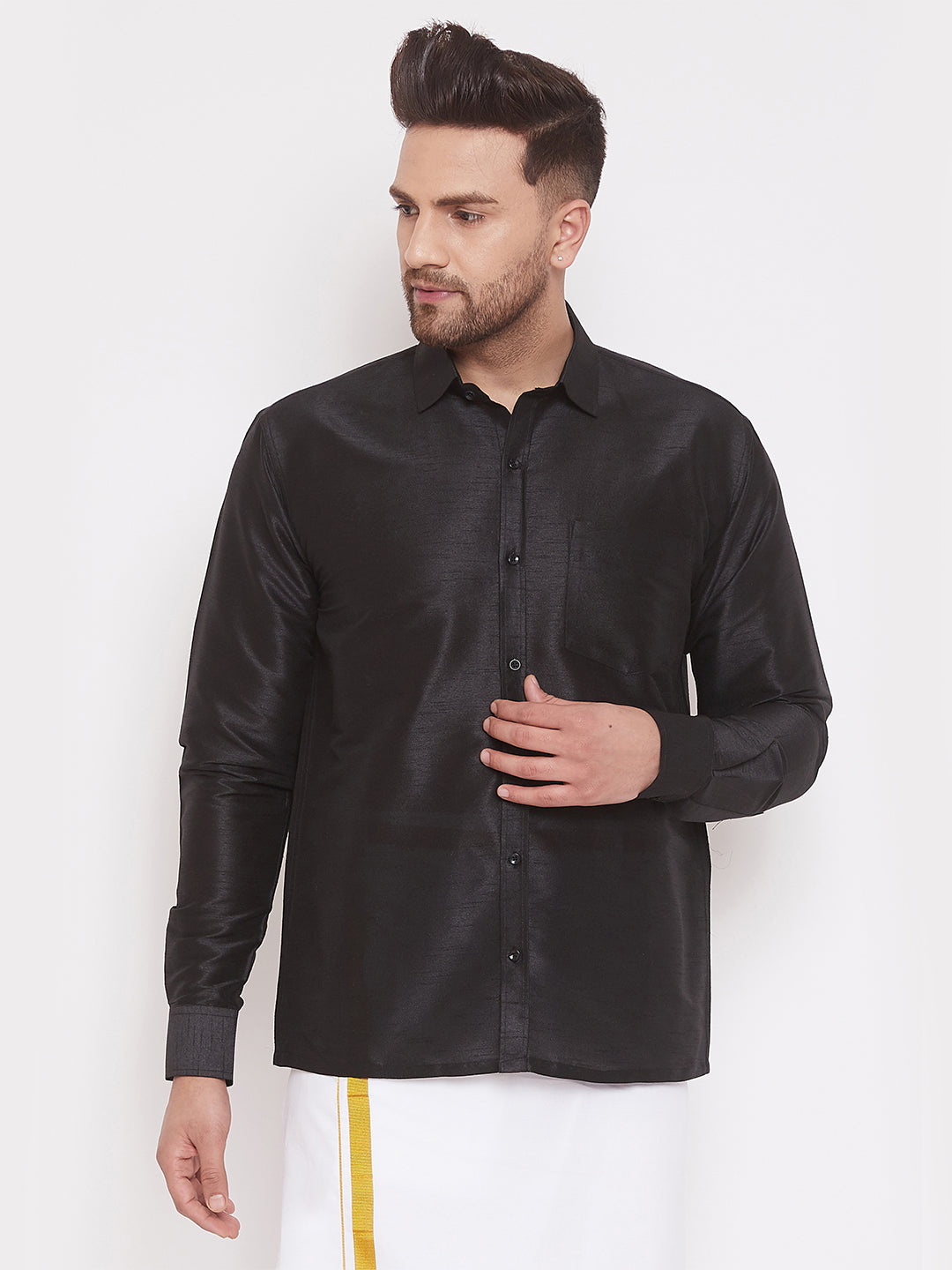 Men's Black Silk Blend Ethnic Shirt - Vastramay