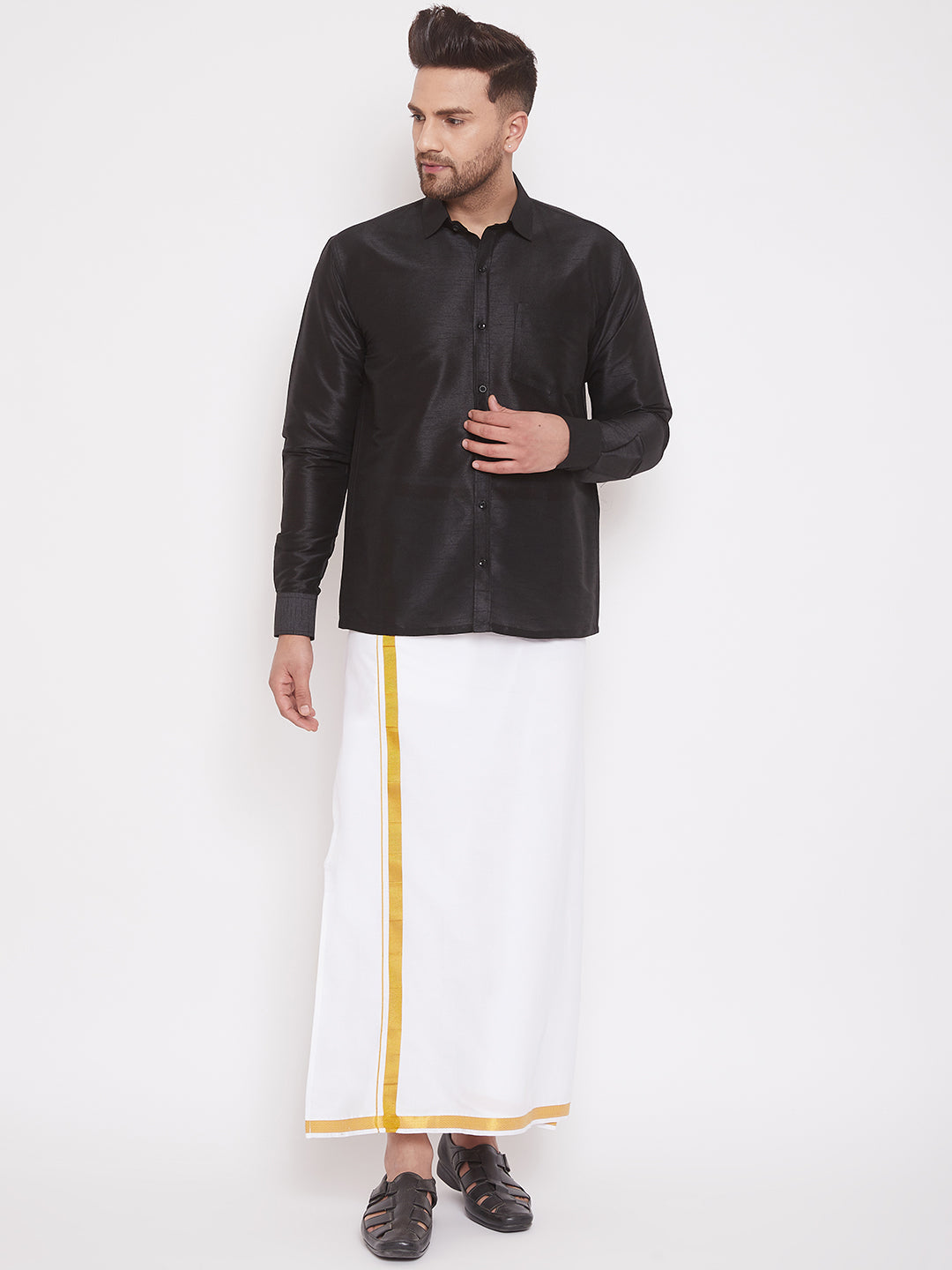 Men's Black And White Silk Blend Shirt And Mundu - Vastramay