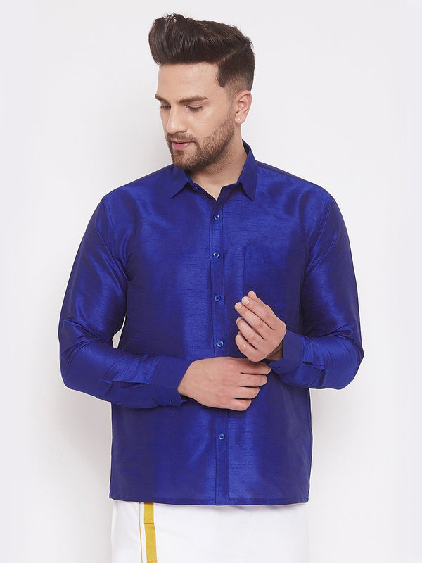 Men's Blue Cotton Silk Blend Ethnic Shirt - Vastramay