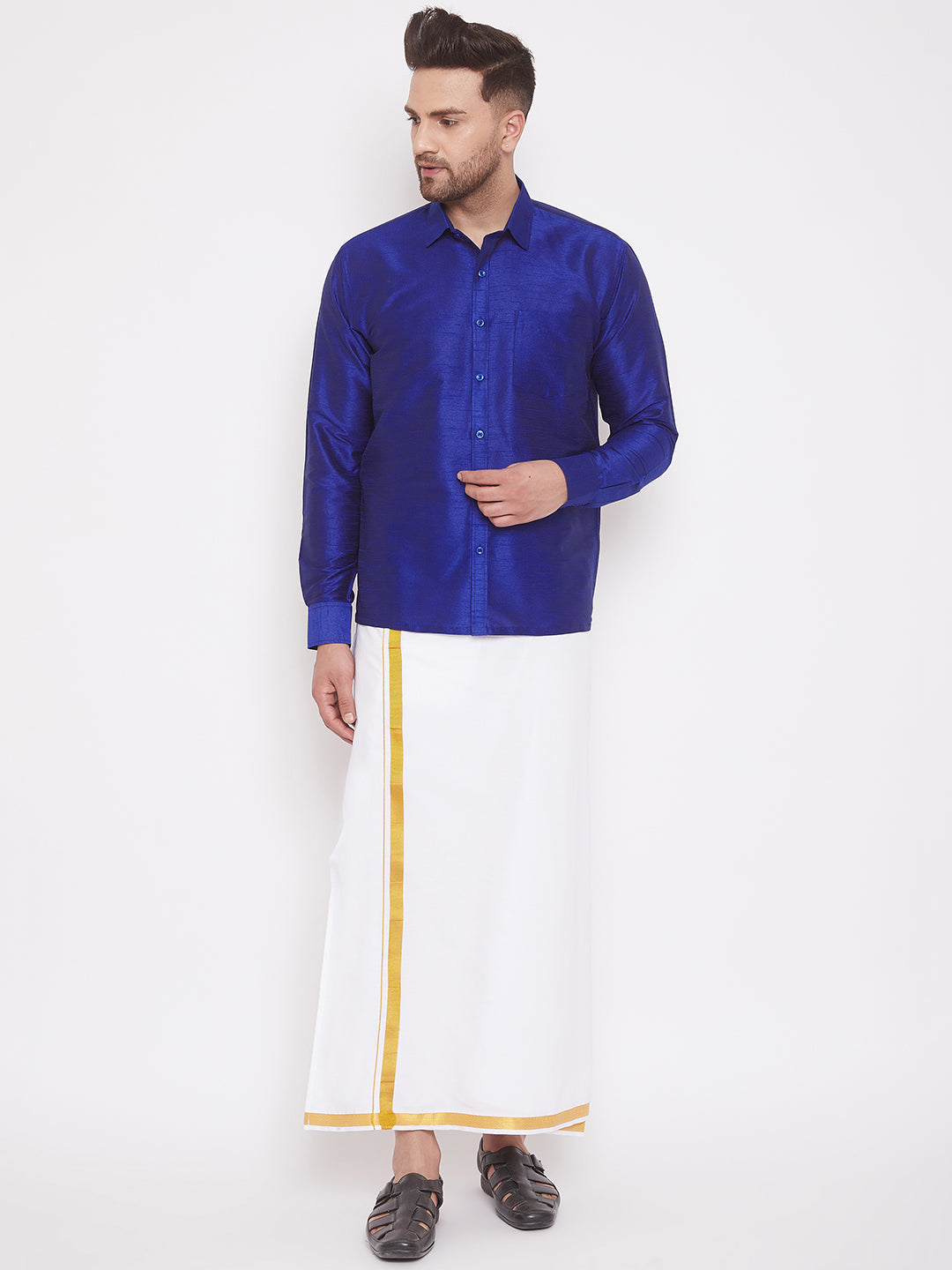 Men's Blue And White Silk Blend Shirt And Mundu - Vastramay