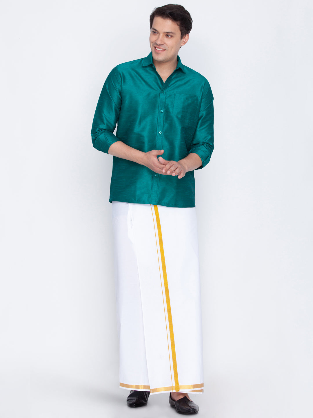 Men's Green And White Silk Blend Shirt And Mundu - Vastramay