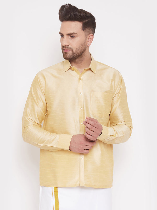 Jashvi Men's Gold Silk Blend Ethnic Shirt