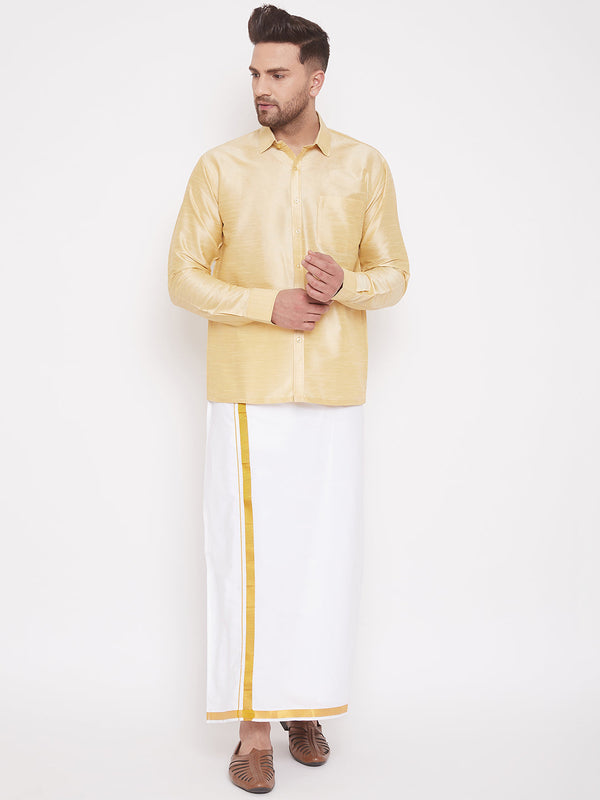 Jashvi Men's Gold And White Silk Blend Shirt And Mundu Set