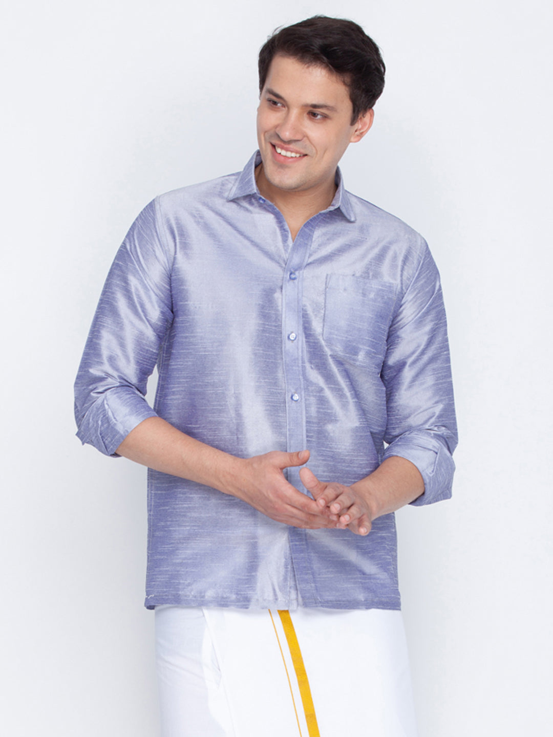 Men's Blue Cotton Silk Blend Ethnic Shirt